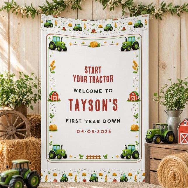 Lona Tractor Verde Rústico de la Granja Primer Año Abaj (Rustic Green Tractor Farm First Year Down One Banner
)