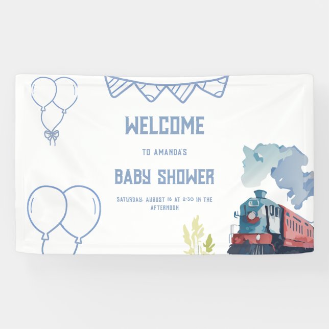 Lona Train Blue Balloons Boy Whimsical Baby Shower (Horizontal)