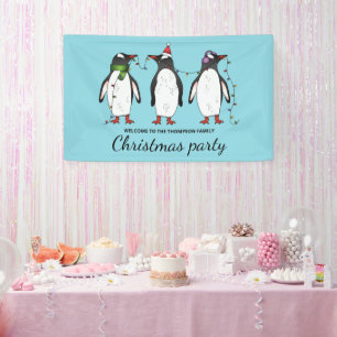 Lona Tres pingüinos navideños festivos con texto person