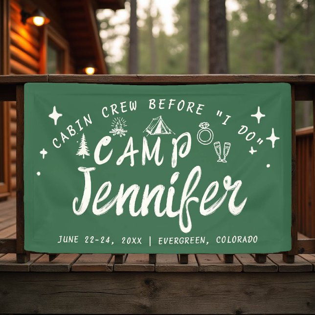 Lona Tripulación de la cabaña de despedida de soltera I (camp bachelorette sign banner green hand drawn handwriting hand written camping glamping hiking bach)