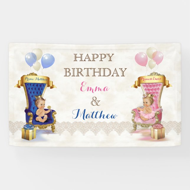 Lona Trono de gemelos príncipe y princesa personalizado (Horizontal)
