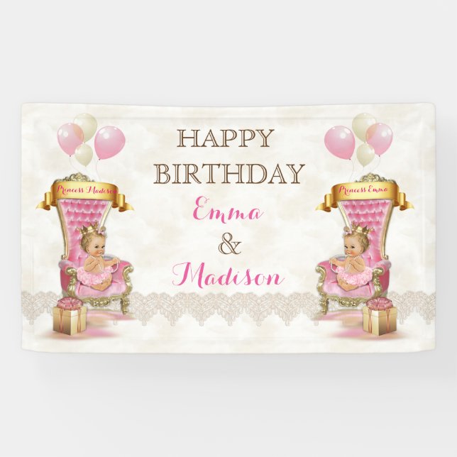 Lona Trono Real Gemelas Princesa Niña Personalizado (Horizontal)