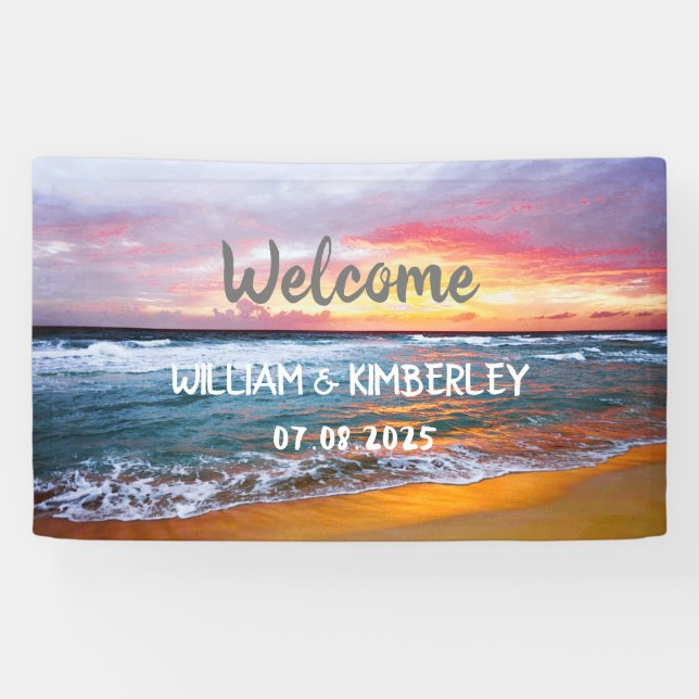 Lona Tropical Beach Ocean Waves Sunset Elegant Wedding (Horizontal)