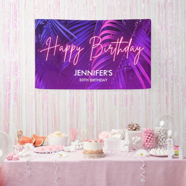 Lona Tropical Purple Neon Pink Palm Leaf Happy Birthday (Fiesta)