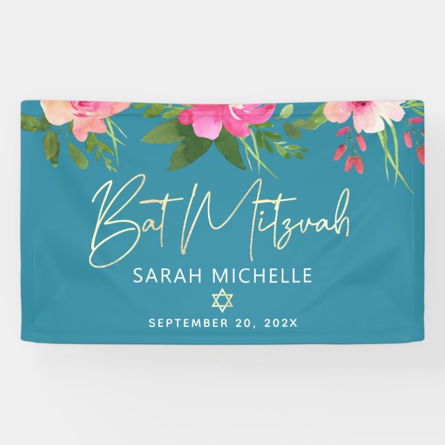 Lona Turquesa Bat Mitzvah Rosa Floral Dorado Script Bol (Horizontal)