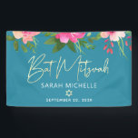 Lona Turquoise Bat Mitzvah Dorado Floral Rosa<br><div class="desc">¡Encantado de dar la bienvenida a cada huésped del fiesta Bat Mitzvah de su hija! Cuelga este impresionante banner moderno, elegante y personalizado para añadir a su día especial. Una acuarela floral de moda, impresionante, rosa y melocotón, con una tipografía de Relieve metalizado dorado falso, Estrella de David y serif...</div>