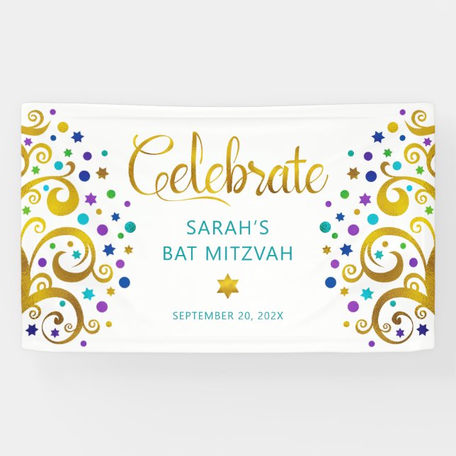 Lona Turquoise Bat Mitzvah Relieve metalizado dorado Sc (Horizontal)