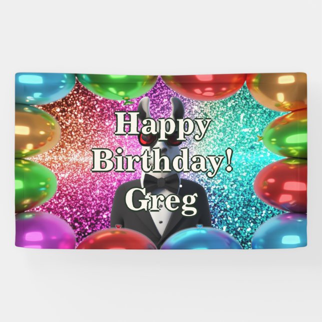 Lona Tuxedo Llama Cumpleaños de carácter personalizado (Horizontal)