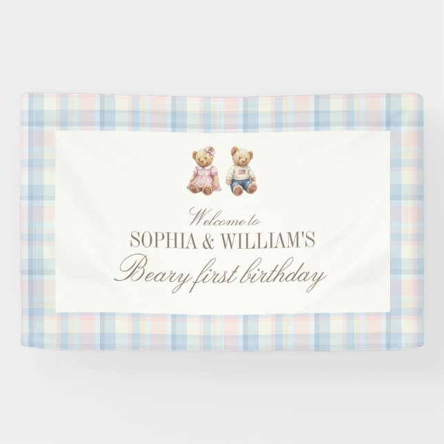 Lona Twins Beary First Teddy Bear Birthday Banner (Horizontal)