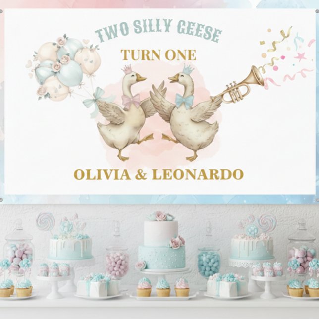 Lona Two Silly Geese Boy & Girl Twins Birthday (Subido por el creador)