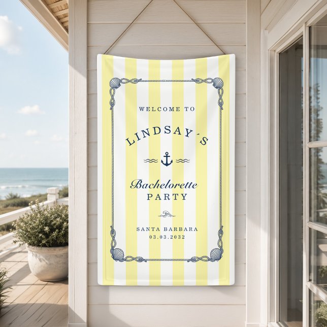 Lona ¡Último brindis en la costa! Banner de despedida d (Last Toast on the Coast! Bachelorette Party Stripes Banner)