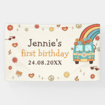 Un arcoiris retro groovy primer cumpleaños