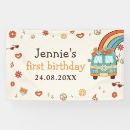 Lona Un arcoiris retro groovy primer cumpleaños