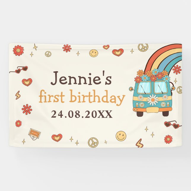 Lona Un arcoiris retro groovy primer cumpleaños (Horizontal)