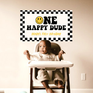 Lona Un chico feliz sonríe Rótulo de primer cumpleaños
