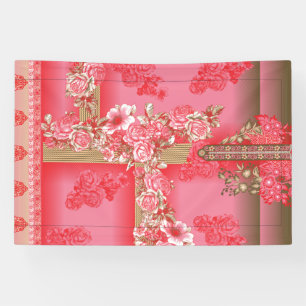 Lona un diseño de un fondo rosa y dorado con un rojo