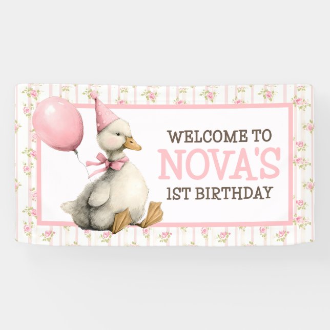 Lona Un Ganso Tonto Personalizado Cumpleaños 1 Rosa (Horizontal)