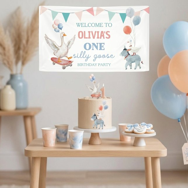 Lona Un Ganso Tonto Primer Cumpleaños Bienvenida Acuare (​Celebrate with this adorable "One Silly Goose" banner! Perfect for 1st birthday cake smash photos.)