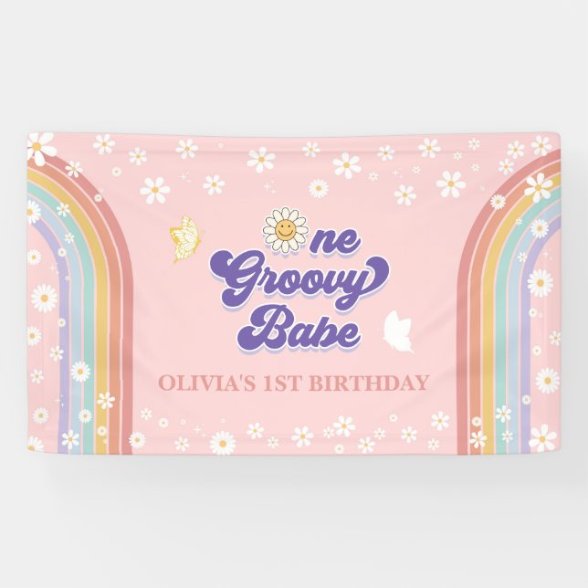 Lona Un Groovy Babe Retro Arcoiris primer cumpleaños (Horizontal)