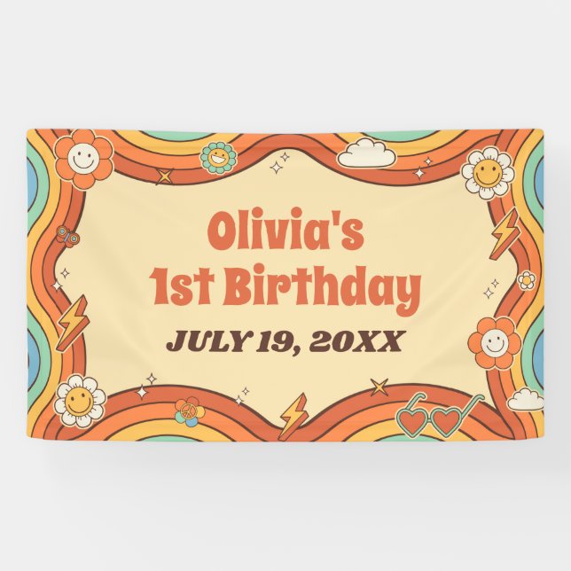 Lona Un Groovy Chica retro arcoiris primer Fiesta de cu (Horizontal)