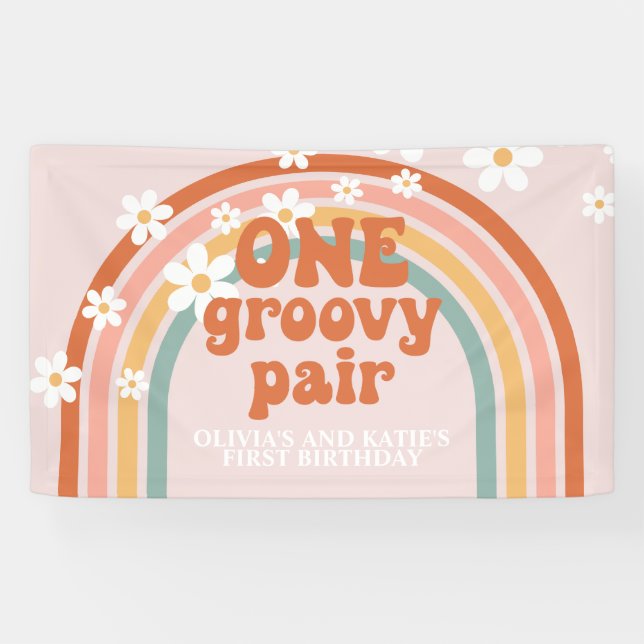 Lona Un Groovy Pair Retro Arcoiris gemelo Cumpleaños (Horizontal)