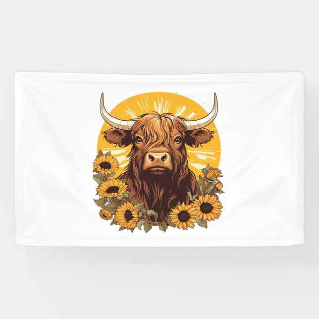 Lona Un Ilustracion de vaca de Highland con Sunflowers  (Horizontal)