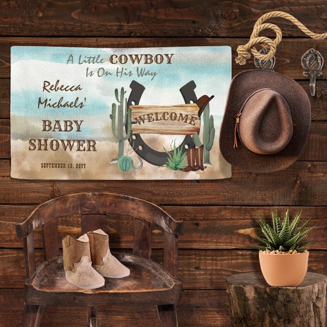 Lona Un niño pequeño niño occidental Baby Shower ("A Little Cowboy Is On His Way"  Rustic Western Boy Baby Shower Banner)