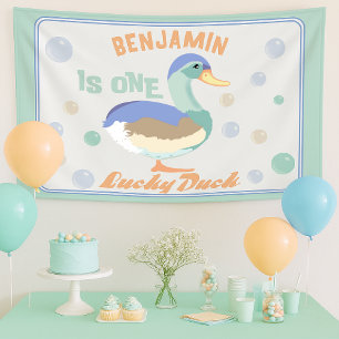 Lona Un pato afortunado y burbujas el primer cumpleaños