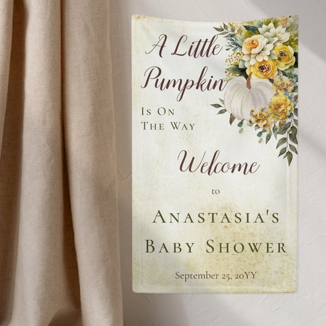 Lona Un poco de calabaza cosecha de oro Baby Shower flo (Boho chic elegant fall / autumn "A Little Pumpkin" gender neutral Baby Shower banner.)