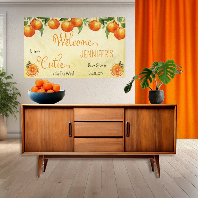 Lona Un poco de color cítrico acuático Baby Shower ("Welcome" "A Little Cutie Is On The Way!" Orange Clementine Citrus-Themed Baby Shower Banner)