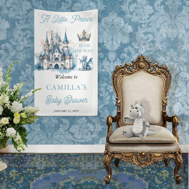 Lona Un principito está de camino, chico Baby Shower ("A Little Prince Is On His Way!" welcome vertical banner)