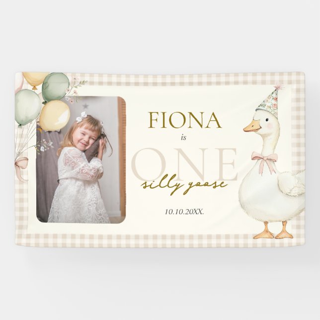Lona Un tonto Goose Gingham 1er cumpleaños Foto (Horizontal)