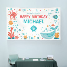  Under the Sea blue and coral birthday banner
