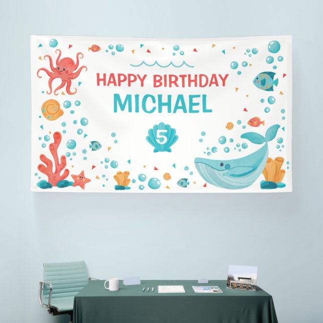 Lona  Under the Sea blue and coral birthday banner (Feria)