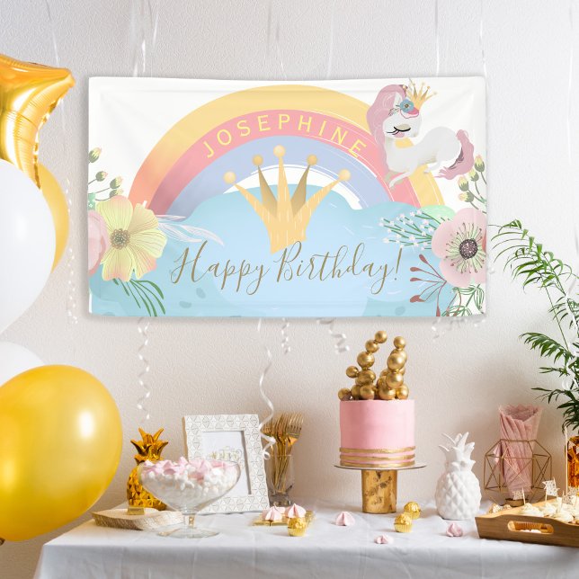 Lona unicornio arcoiris Feliz cumpleaños floral lindo (Subido por el creador)