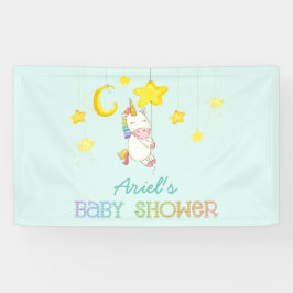 Lona Unicornio bebé arcoiris colgando de las estrellas 