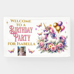 Lona Unicornio de bienvenida de cumpleaños rosa, púrpur