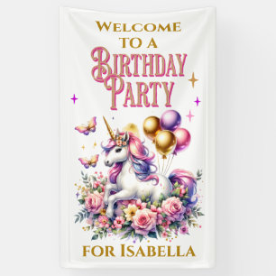 Lona Unicornio de cumpleaños de bienvenida rosa, púrpur