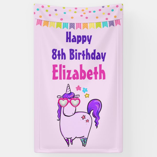 Lona Unicornio lindo en gafas cardiacas Cumpleaños (Vertical)