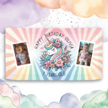 Unicornio mágico rosa y oro y cumpleaños de flores