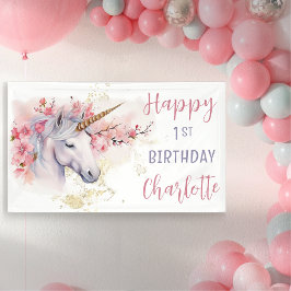 Lona Unicornio místico | Chica Floral Rosa 1º cumpleaño