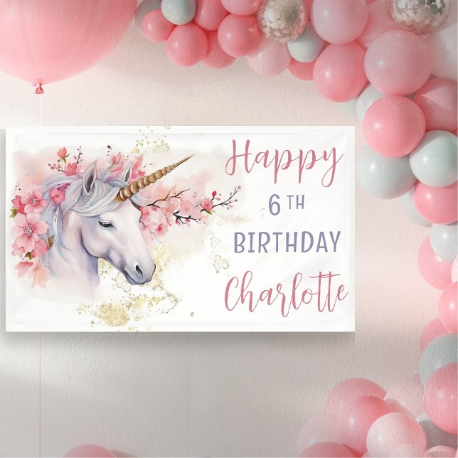 Lona Unicornio místico | Chica Floral Rosa 6 cumpleaños (Mystical Unicorn Pink  Cherry Blossoms and Faux Gold Glitter Girl's "Happy 6th Birthday" Banner)