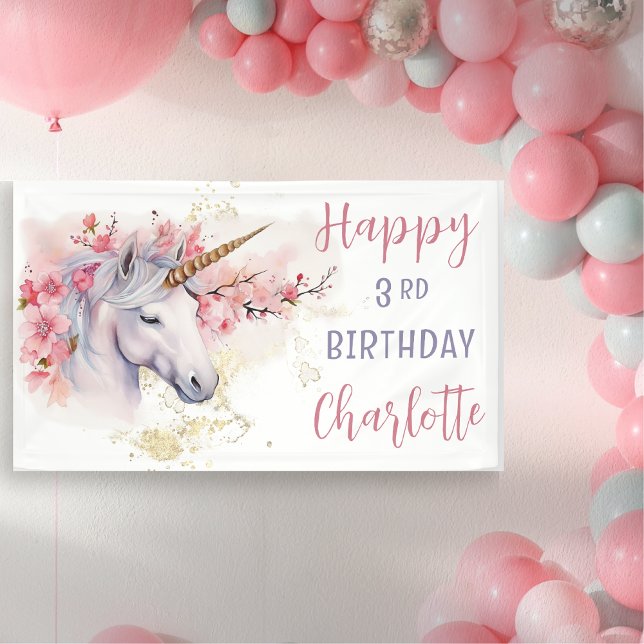Lona Unicornio místico | Chica floral rosada Tercer cum (Mystical Unicorn Pink  Cherry Blossoms and Faux Gold Glitter Girl's "Happy 3rd Birthday" Banner)