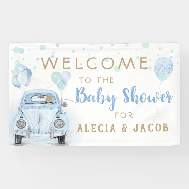 Lona Unidad De Boy Baby Shower Gold Blue Car (Horizontal)