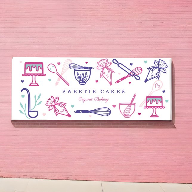 Lona Utensilios de horneado y cocción divertidos y colo (Fun Colorful Baking & Cooking Utensils Cake Bakery Banner)