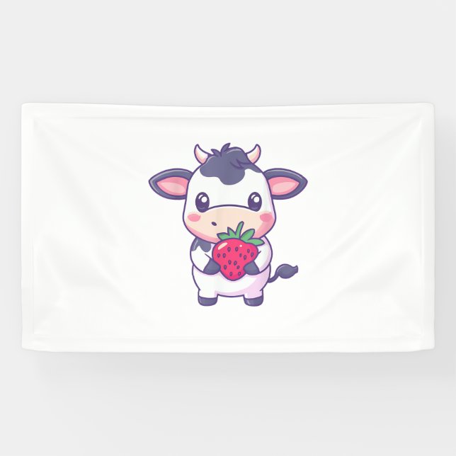 Lona Vaca Cuta De Kawaii Con Fresas Ganado Adorable (Horizontal)