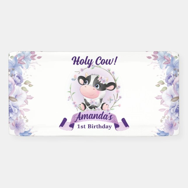 Lona Vaca Sagrada Floral Cumpleaños número 1 (Horizontal)