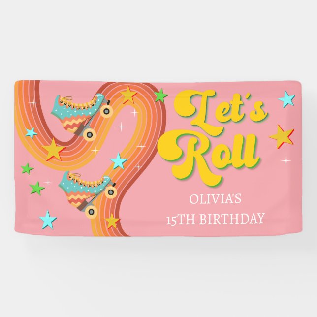 Lona Vamos a rodar patinaje de patinaje retro arco iris (Horizontal)