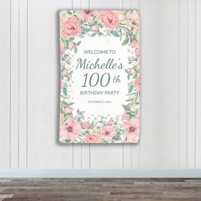 Lona Verde floral de primavera rosa cumpleaños vertical (Pink watercolor floral 100th birthday party vertical banner personalized with name and age.)