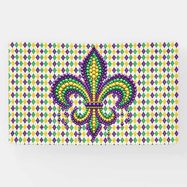 Lona Verde morado Mardi Gras fleur de lis (Horizontal)